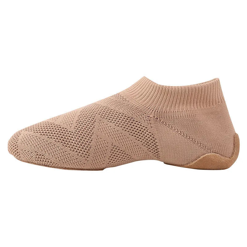 Camel coloured Latin dance shoes with cotton mesh upper and leather sole
