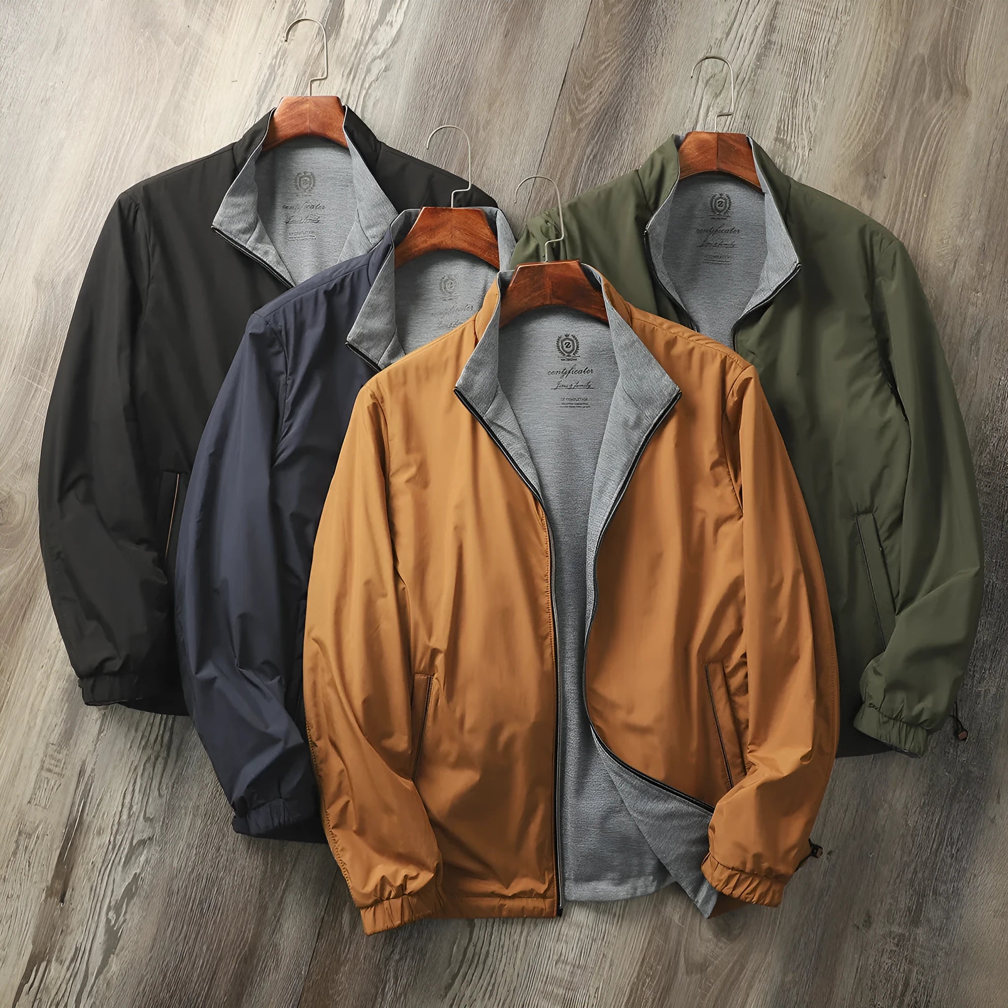 Men's stand collar casual jacket in army green with a simple design and regular sleeves.