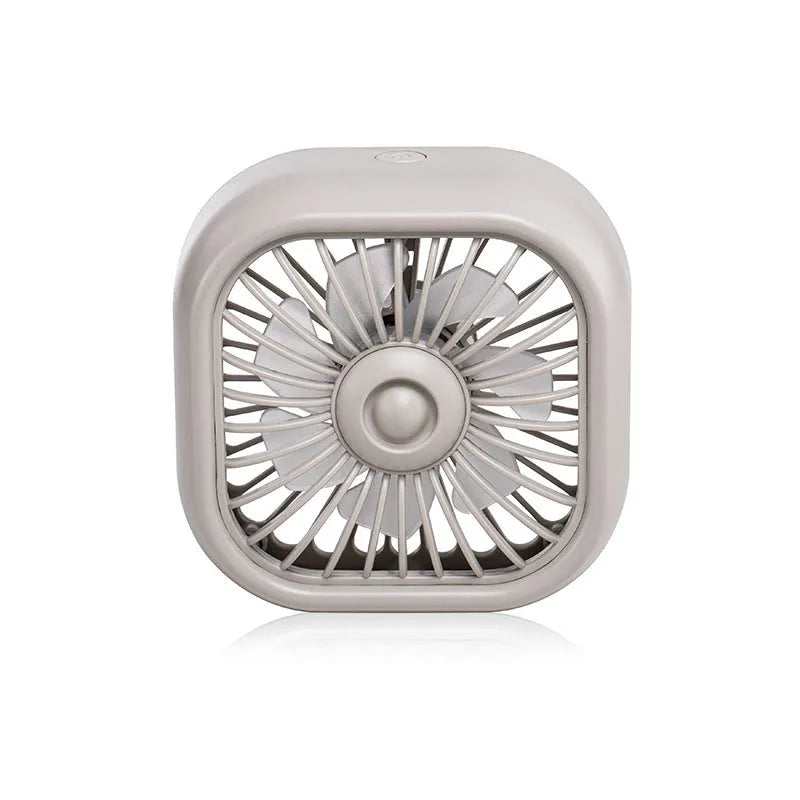 Compact black USB car fan with three speed buttons and charging cable