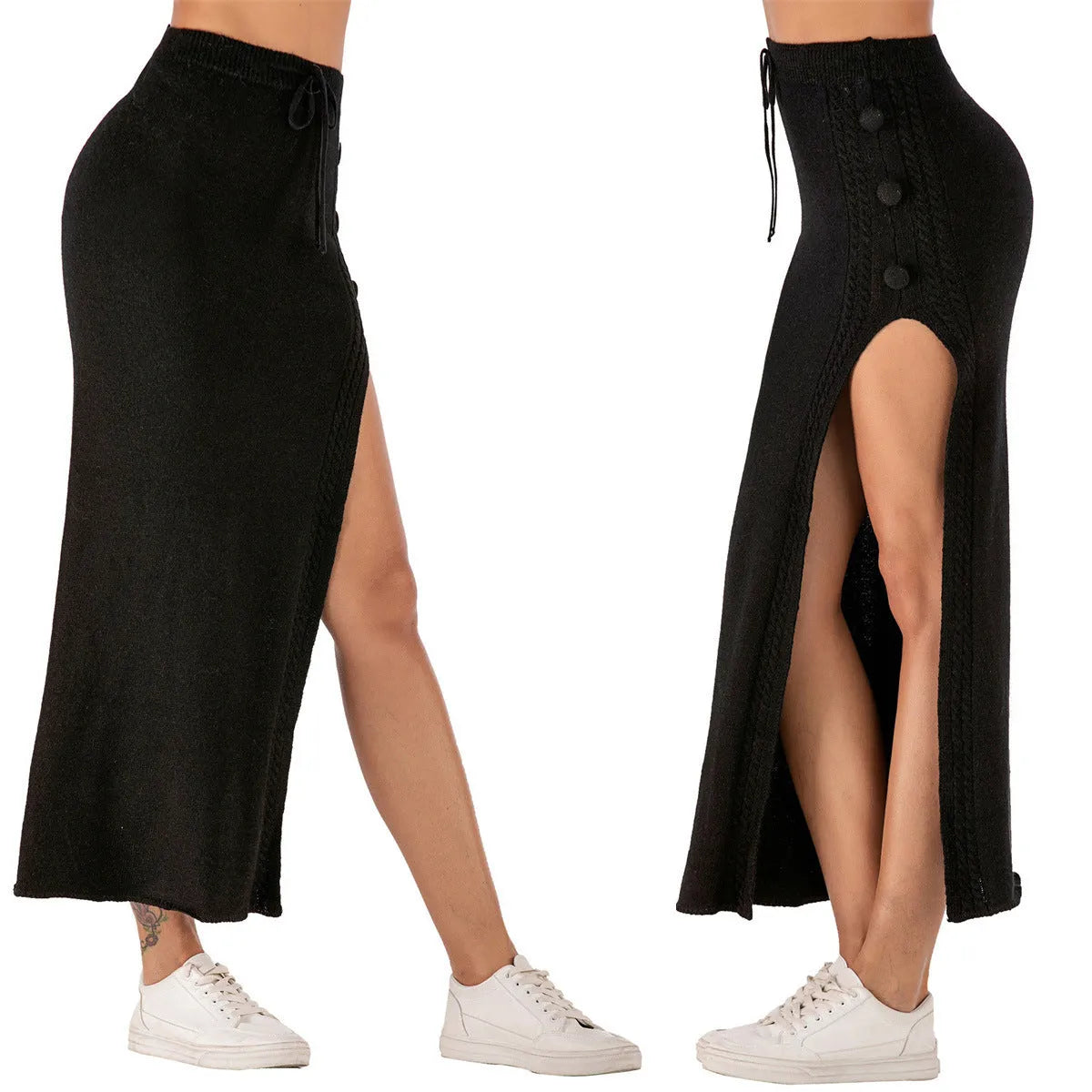 Women's slim-fit black acrylic midi skirt with a split hem and elasticated waistband on a hanger.