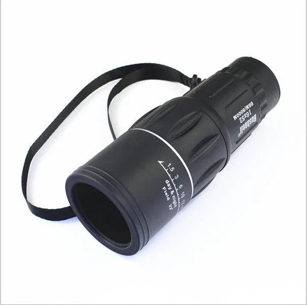 Black 16x52 high-power monocular telescope showing eyepiece and objective lens
