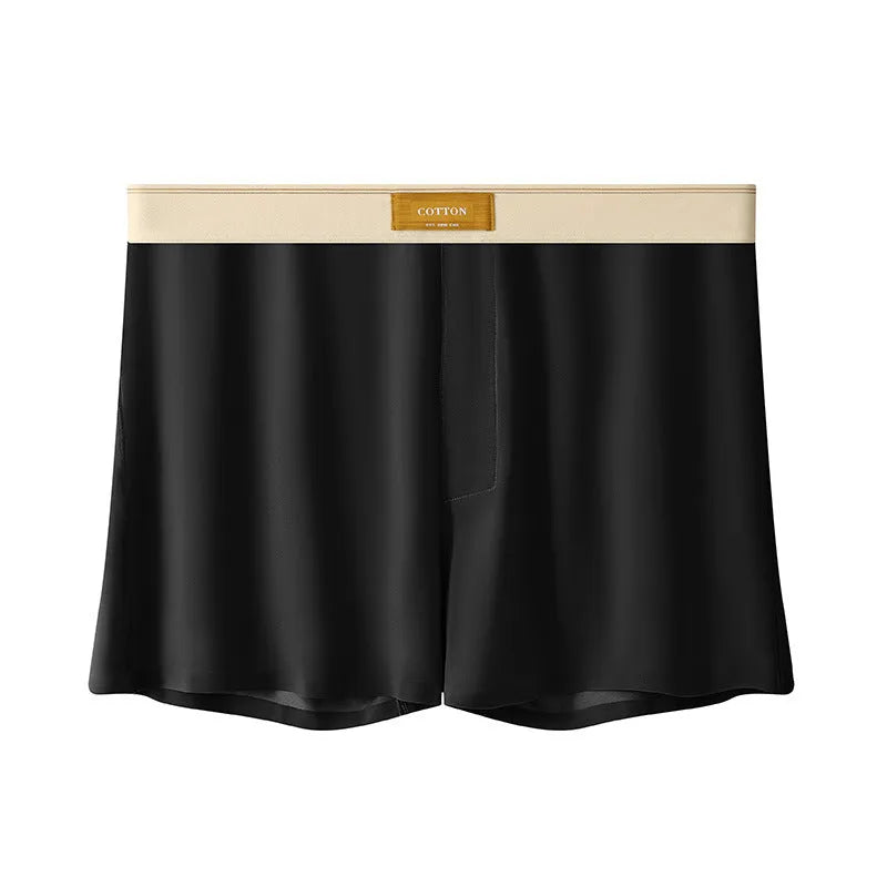 Men's solid colour loose ice silk underwear in a pack of three, shown in beige, black, and grey.