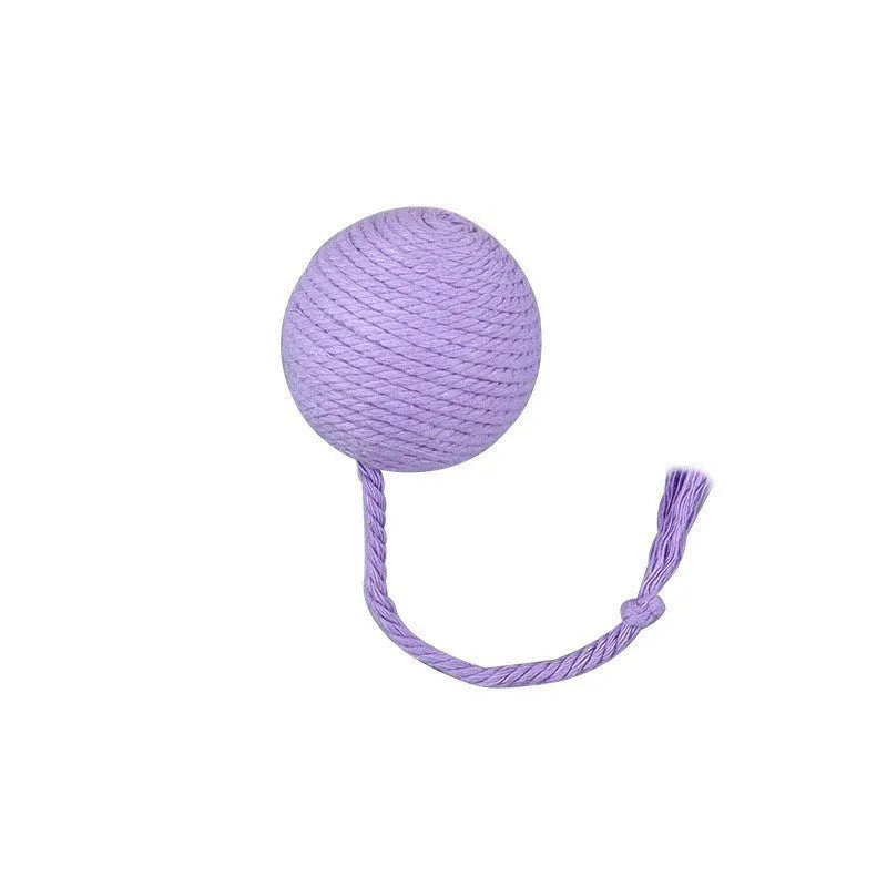 Interactive cat toy ball with rope and internal bell in green, pink, purple and yellow colours