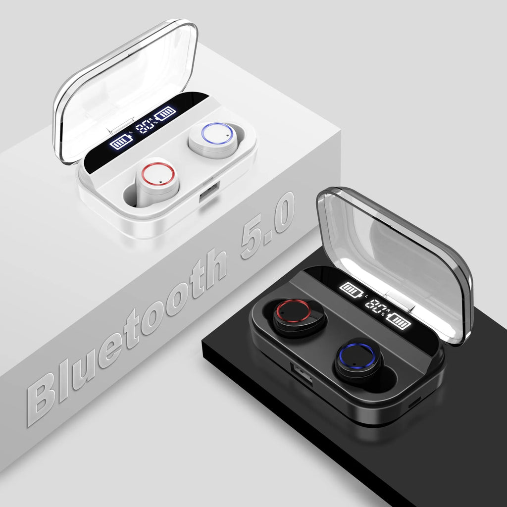 Black X11 Bluetooth wireless earbuds with charging case and six silicone ear tips