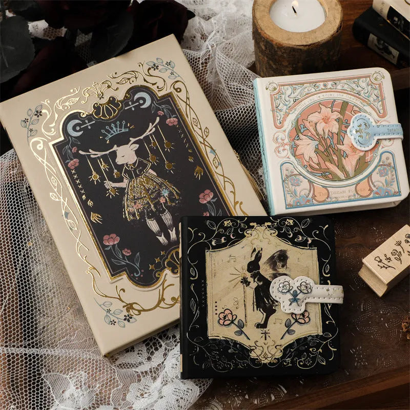 THALO A5 gothic retro art notebook showing three cover design options on wooden surface