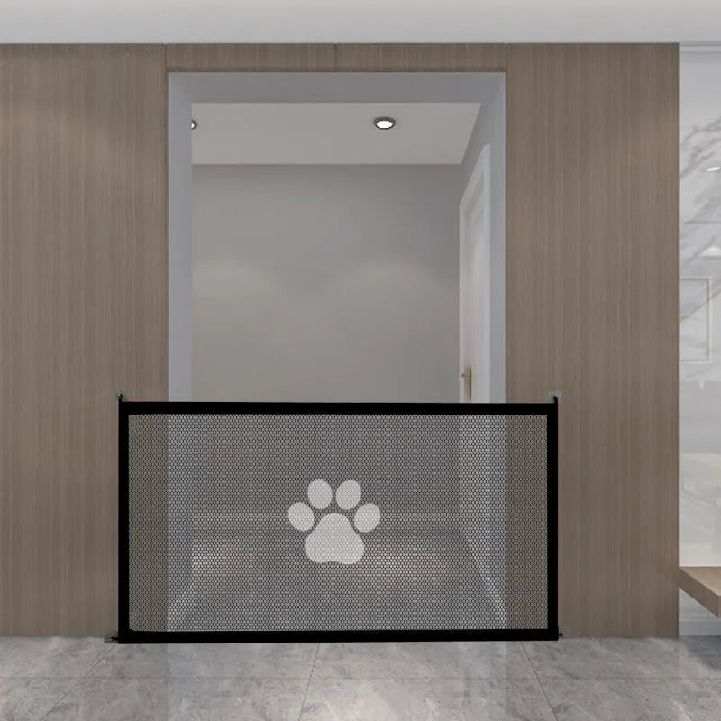 Portable folding dog barrier with pet doorsill showing dog footprint pattern