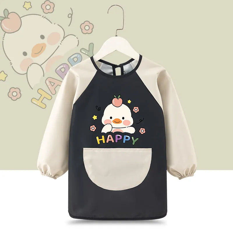 Children's waterproof painting apron with cartoon design in pink rabbit pattern, polyester fabric, inside-out style