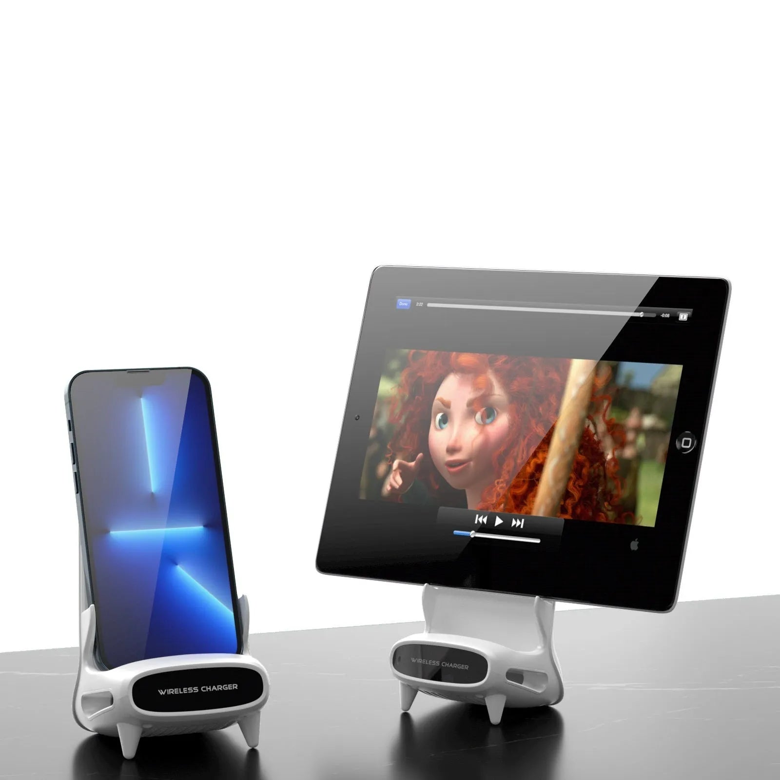 White 15W vertical wireless charging stand for phones and tablets with Type-C input