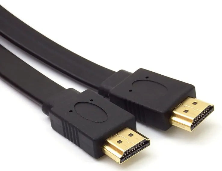 Flat HDMI cable with gold-plated connectors showing length options from 0.3 to 10 metres