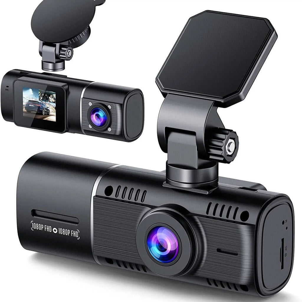 Standard black 1080p dual recording dash cam with a 1.5-inch screen on a car windscreen.