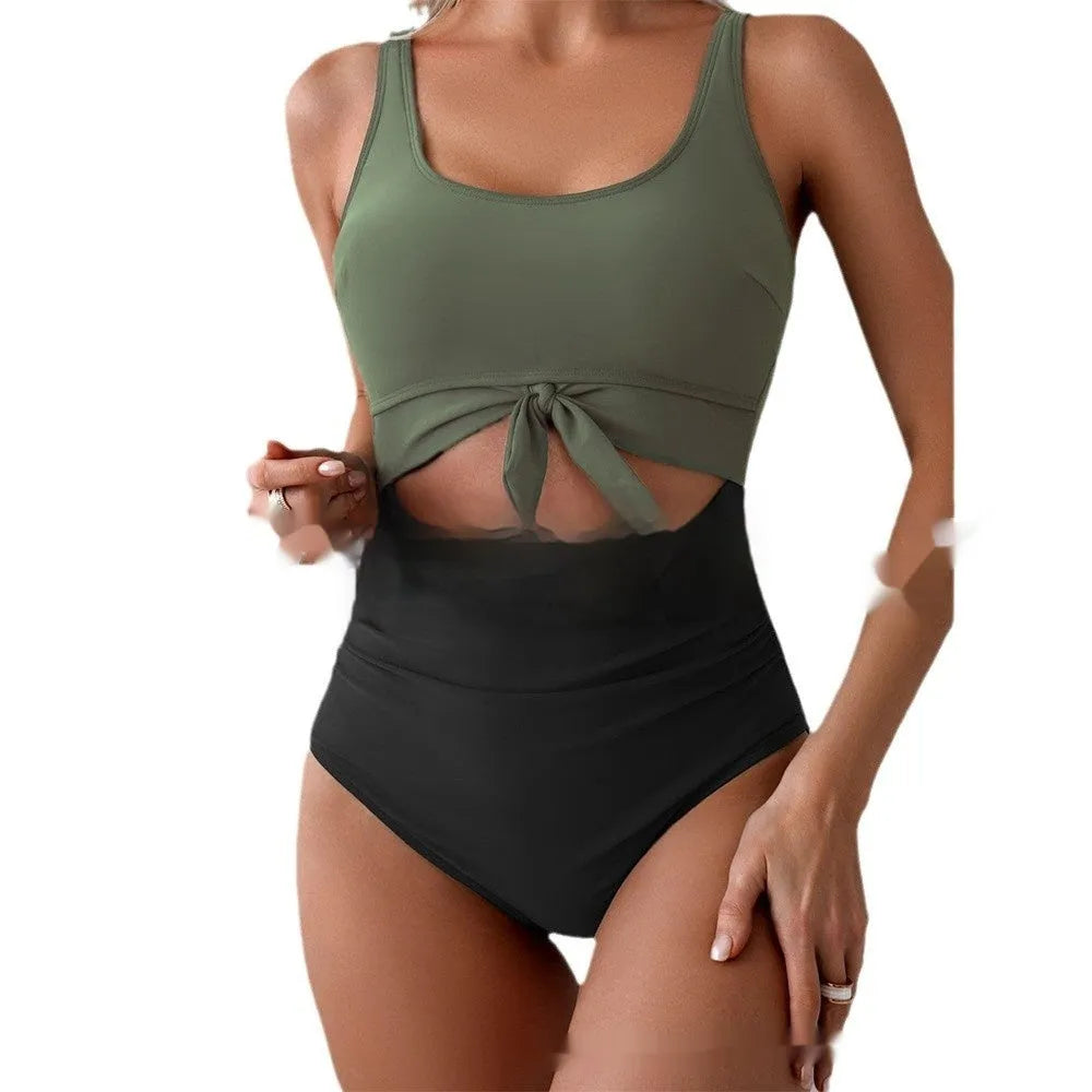 One-piece women's swimsuit with contrast colour straps, covered belly, sleeveless, solid colour, sizes S to XXL
