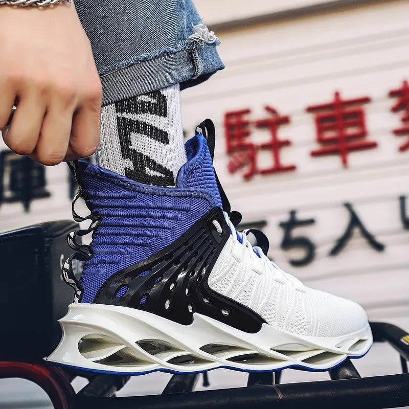 Men's flyknit blade sole mid-top sneakers in white and black colourway