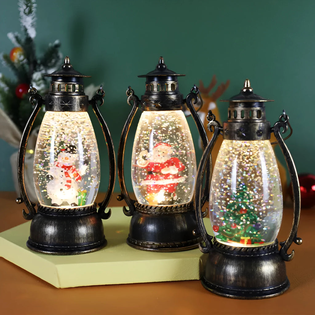 Crystal ball oil lamp Christmas ornament with LED light, snowman or elderly figure theme.