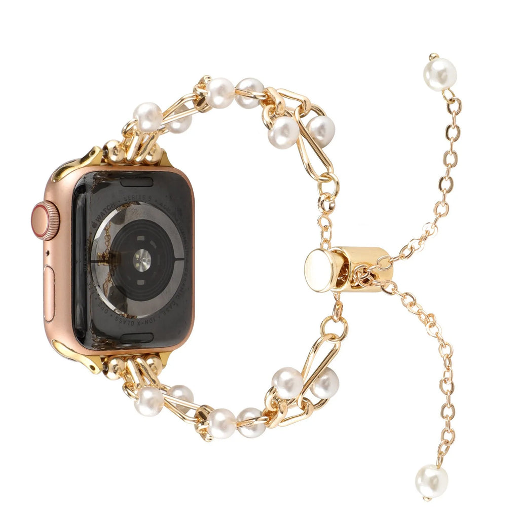 Apple smart watch strap with pearl love necklace design on metal band, 38-49mm fit