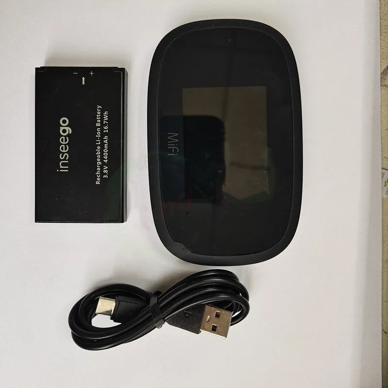 Black MiFi8000 4G portable wireless router with battery and data cable.
