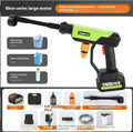 Green cordless high-pressure water gun with six-in-one metal nozzle and accessories including foam pot and extension rod