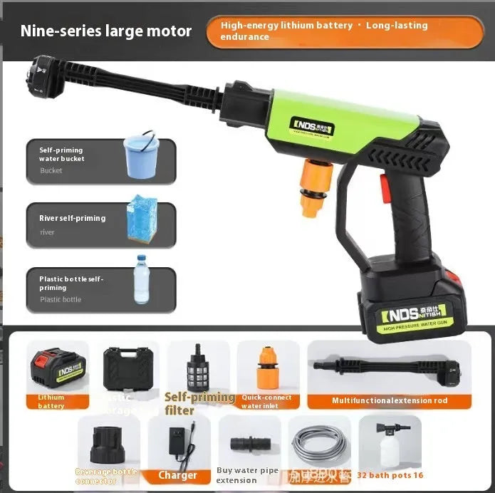 Green cordless high-pressure water gun with six-in-one metal nozzle and accessories including foam pot and extension rod