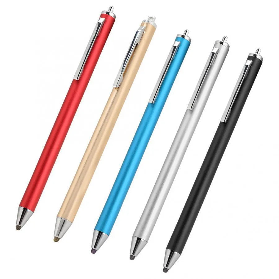 Fine-tip metal stylus pen for touch screens in black, silver, red, blue, gold, pink, and grey.