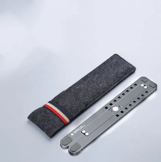 Portable aluminum laptop stand folded and unfolded, showing adjustable height and silver colour