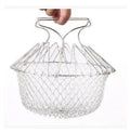 Foldable stainless steel deep fry basket with grid pattern, shown with handle.