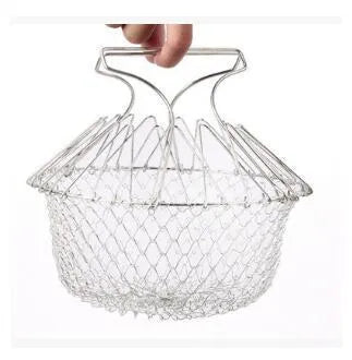 Foldable stainless steel deep fry basket with grid pattern, shown with handle.