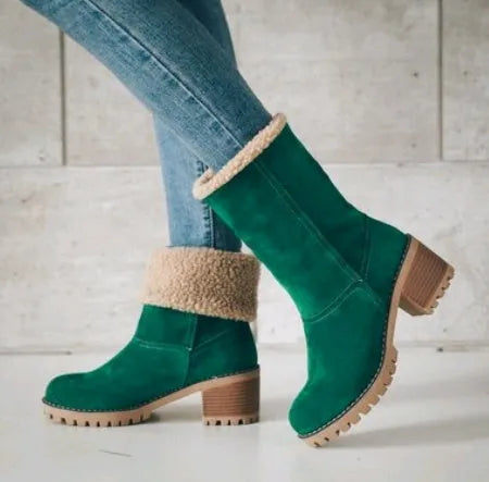 Women's suede mid-tube snow boots in black with a thick low heel and beef tendon sole.