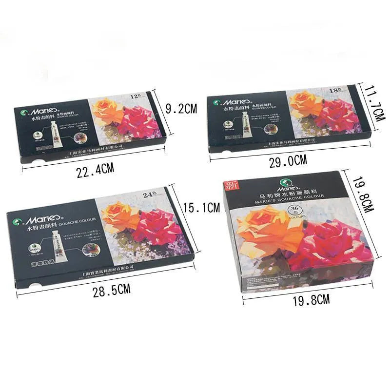 Gouache paint set with multiple tubes showing 12, 18, and 24 colour options for artists