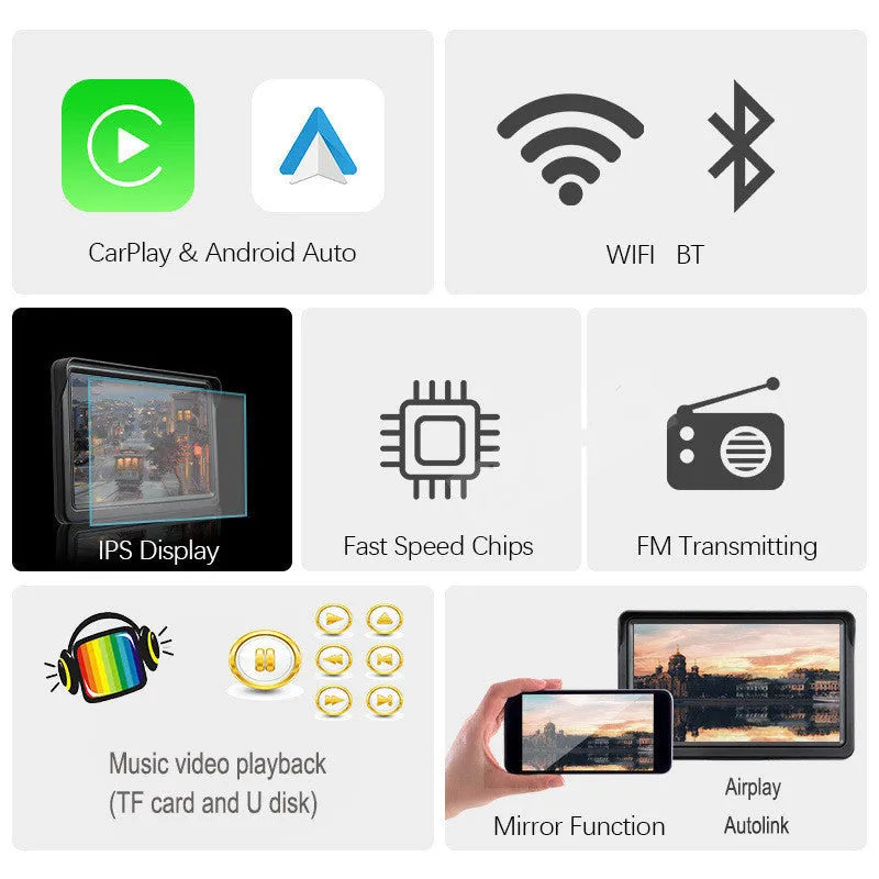 7-inch portable car smart screen with wireless CarPlay on a retractable windshield mount