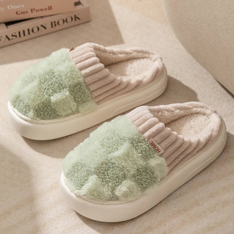 Women's plush indoor slippers in grey with coral velvet upper and flat PVC sole.