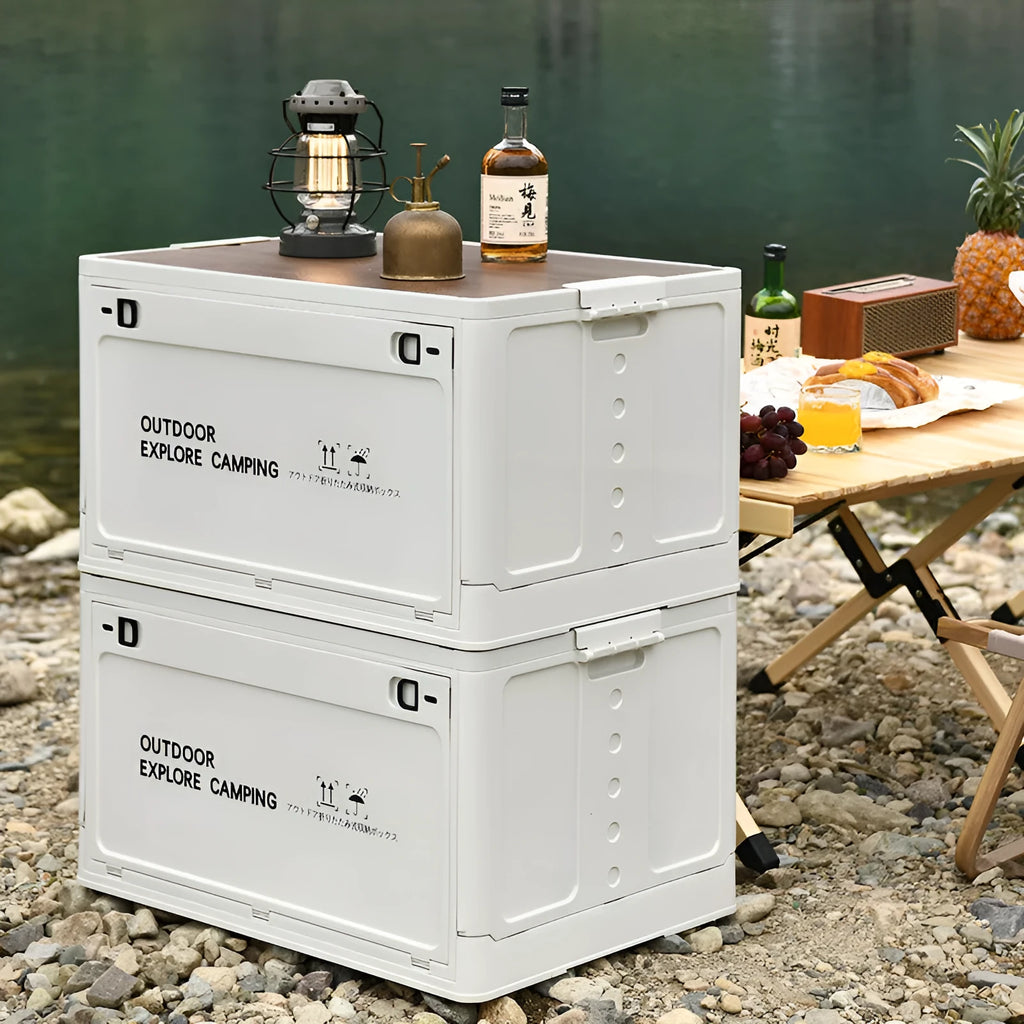 Large white foldable plastic storage box with a 45-litre capacity for household organisation.