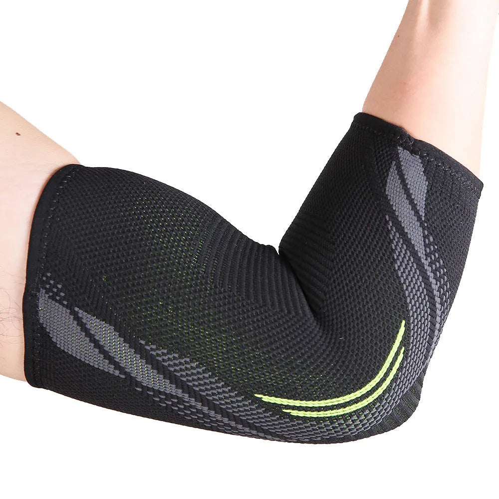 Black elbow support compression sleeve with anti-slip knitted design on a person's arm.