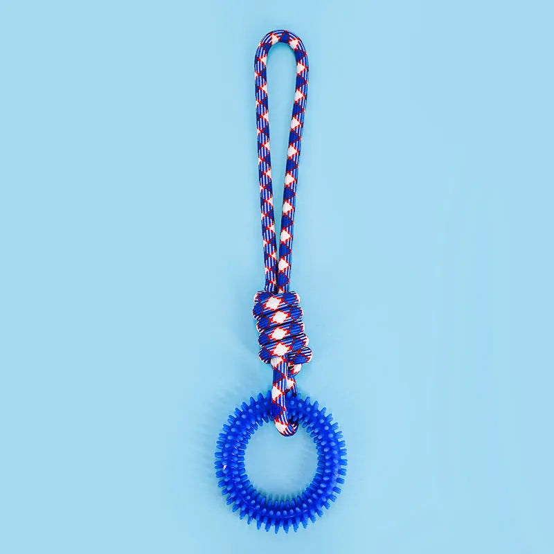 Colourful blue braided rope dog toy with multiple knots, shown on a plain background.