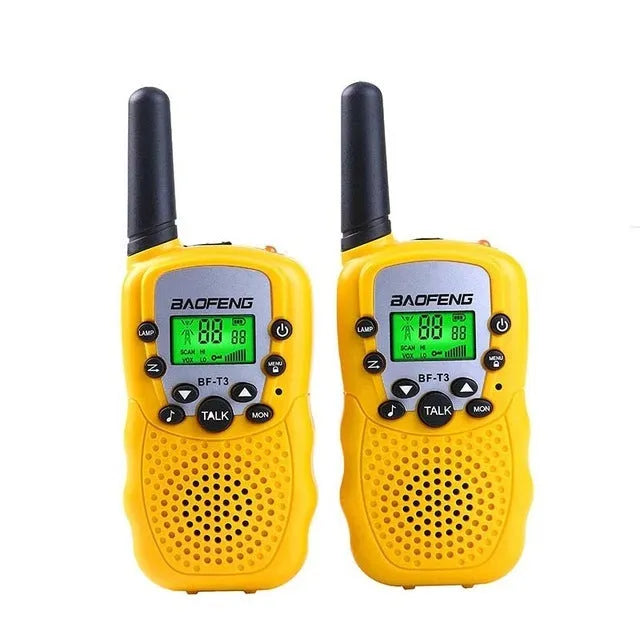 Children's walkie talkie set showing two handheld units in available colour options with 22-channel display