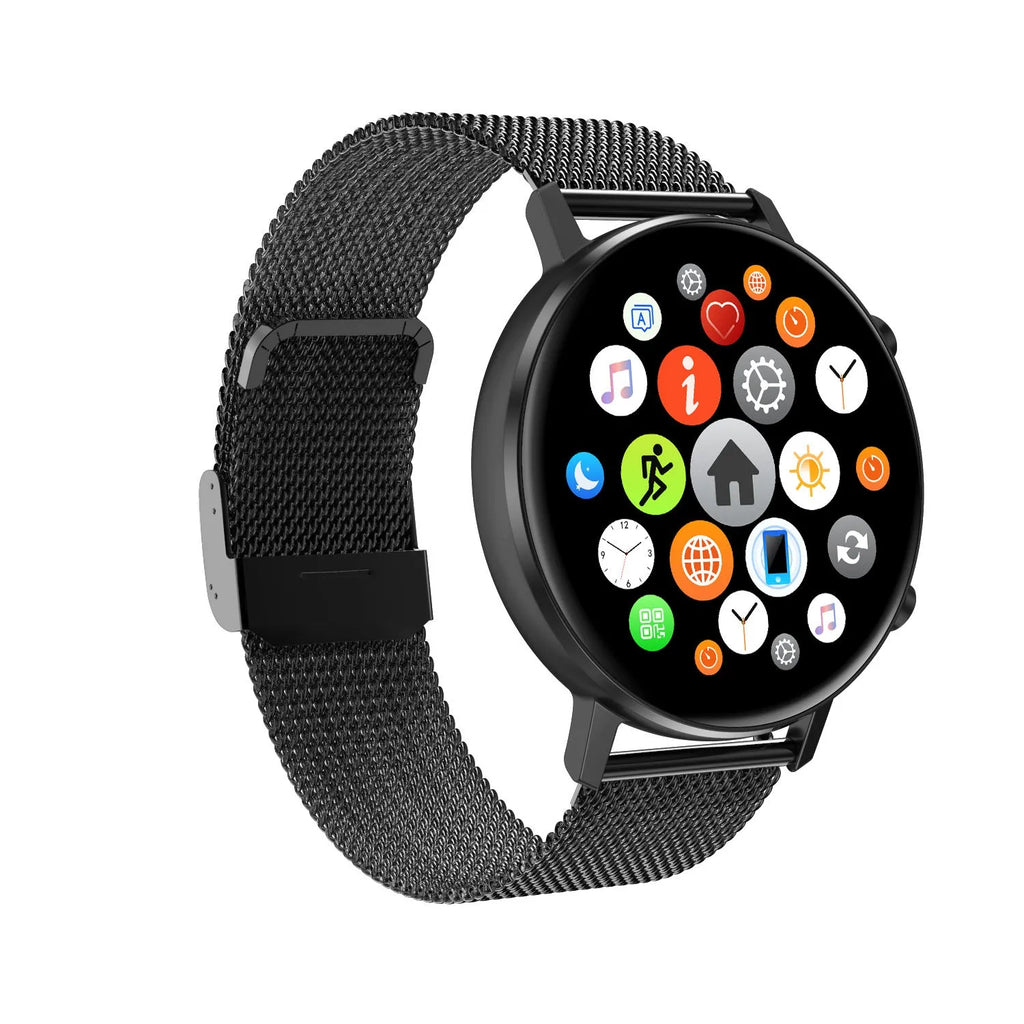 DT96 smart bracelet with touchscreen display and stainless steel wrist strap in silver colour