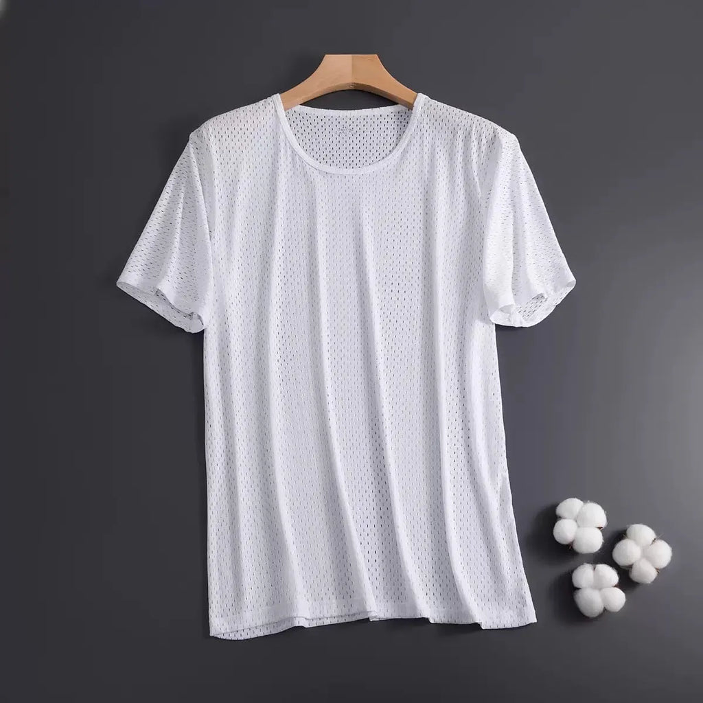 Men's solid colour ice silk short sleeve t-shirt on a hanger, showing loose crew neck and thin mesh fabric.