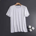 Men's solid colour ice silk short sleeve t-shirt on a hanger, showing loose crew neck and thin mesh fabric.