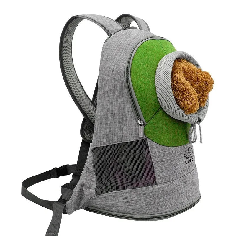 Blue pet backpack carrier with breathable mesh panels, legs out design for small dogs and cats