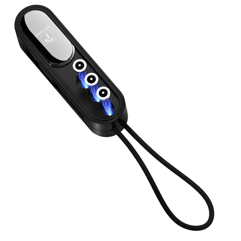 Black magnetic three-in-one USB charging cable with 0.4 metre length shown alongside white and red colour options