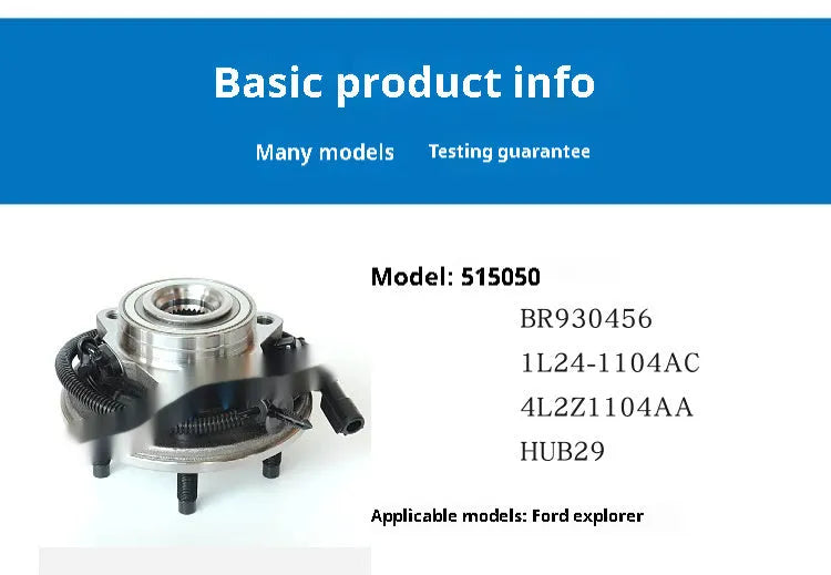 Black bearing steel wheel hub and bearing assembly for Ford Explorer with accessory numbers 515050 and BR930456