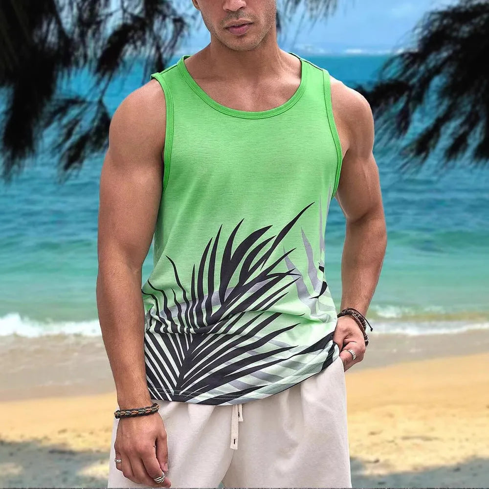 3D printed Hawaiian style men's sleeveless vest tank top in solid colour on polyester fabric