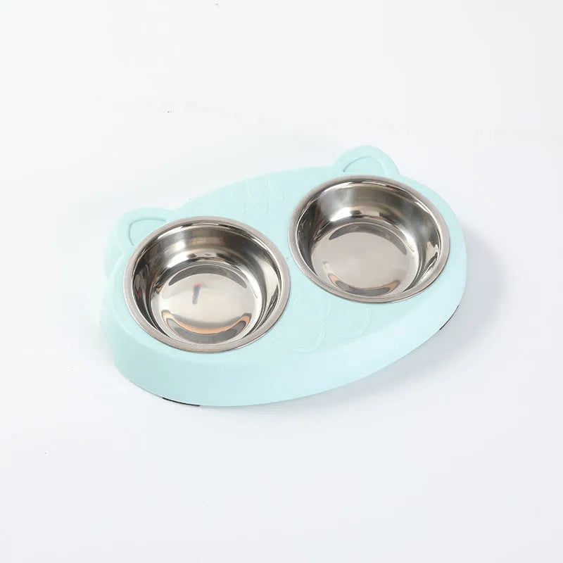 Blue macaron-shaped plastic pet feeder tray with two bowls for cat or dog food and water
