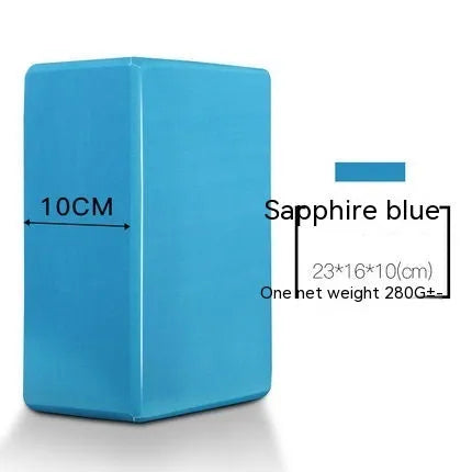 A high-density EVA yoga block in a choice of solid colours or printed designs, measuring 23cm by 15cm.