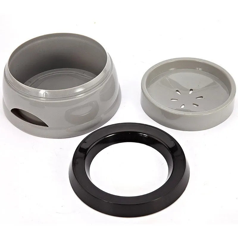 Floating no-spill plastic water bowl for pets with anti-wetting rim in grey green pink or blue