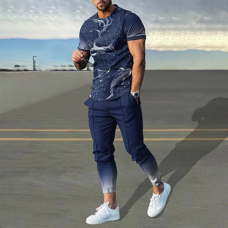 Men's short sleeve round neck T-shirt and matching trousers set in a light grey colour.