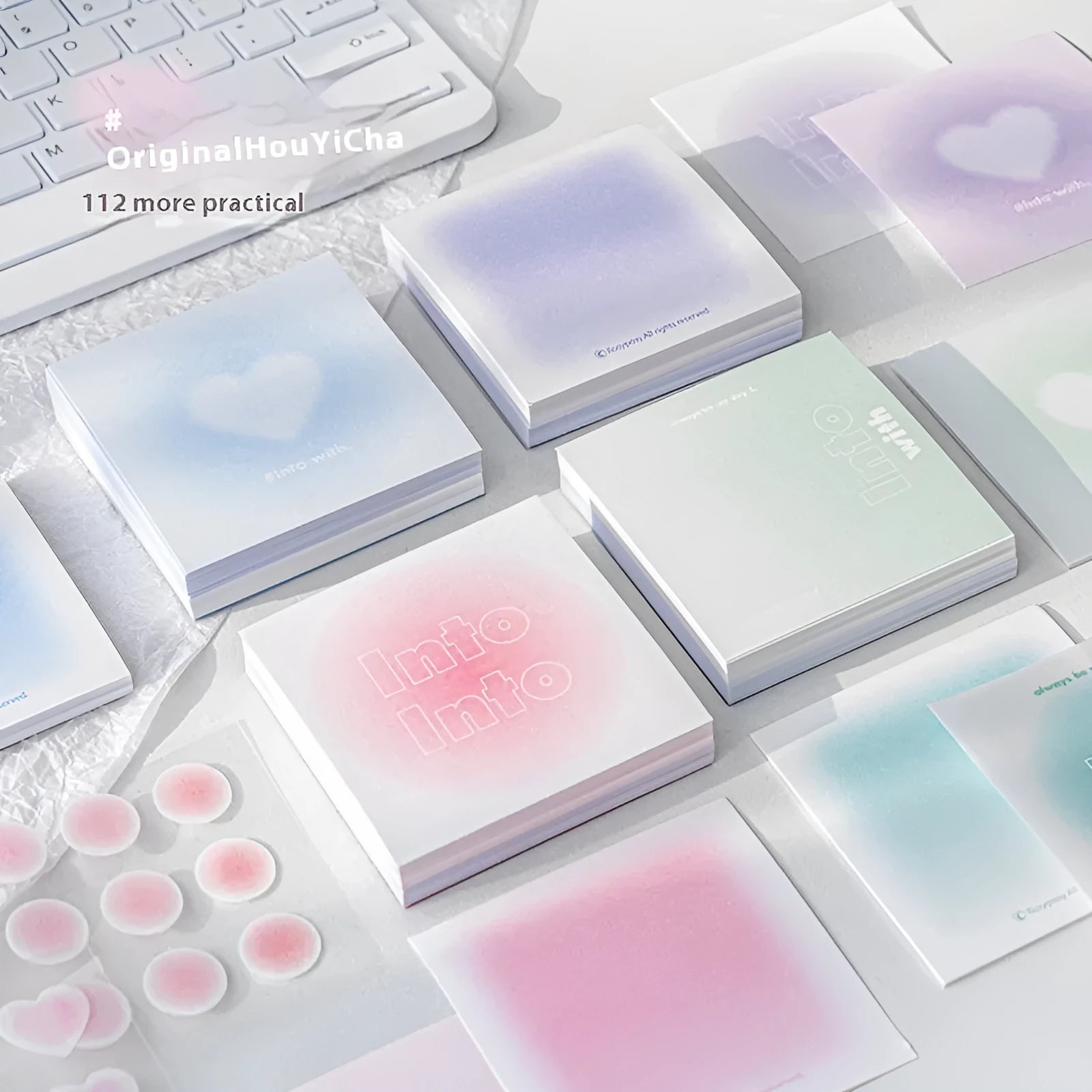 Square 70mm multifunctional notepad with blush, blue, green, and purple colour options showing sticky notes, note paper, and parchment sheets.