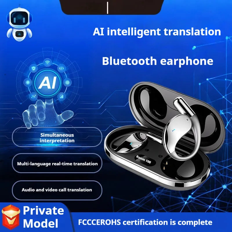 Beige and black portable sports Bluetooth earphones with ear-mounted creative design and digital display screen.