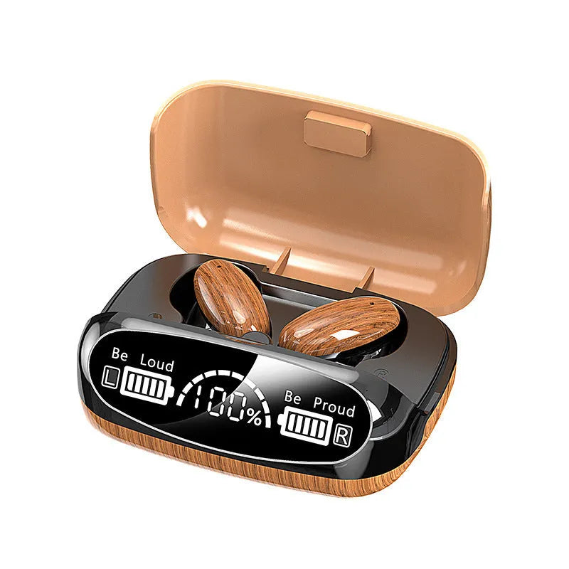 M35 Wood Grain Bluetooth wireless earbuds and charging case with power display