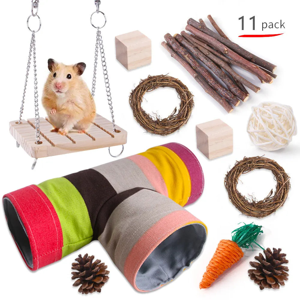 Wooden pet toy bundle sets including gnawing blocks, straw mats, and woven balls for small animals