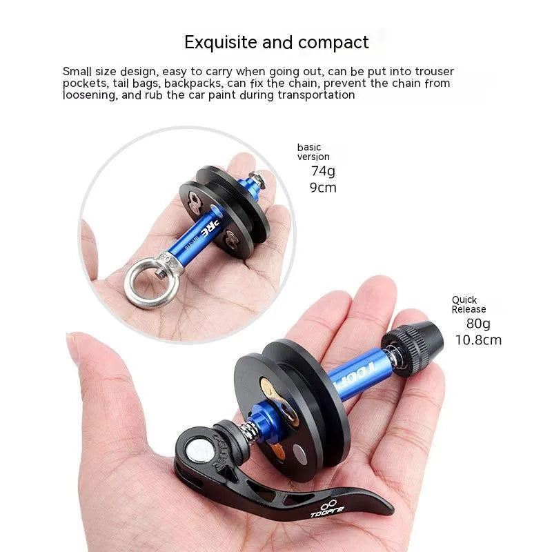 Aluminium alloy bicycle chain holder tool in three format options on a workshop bench.