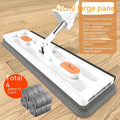 Large flat mop with long stainless steel handle and blue/white cloths on a hard floor.